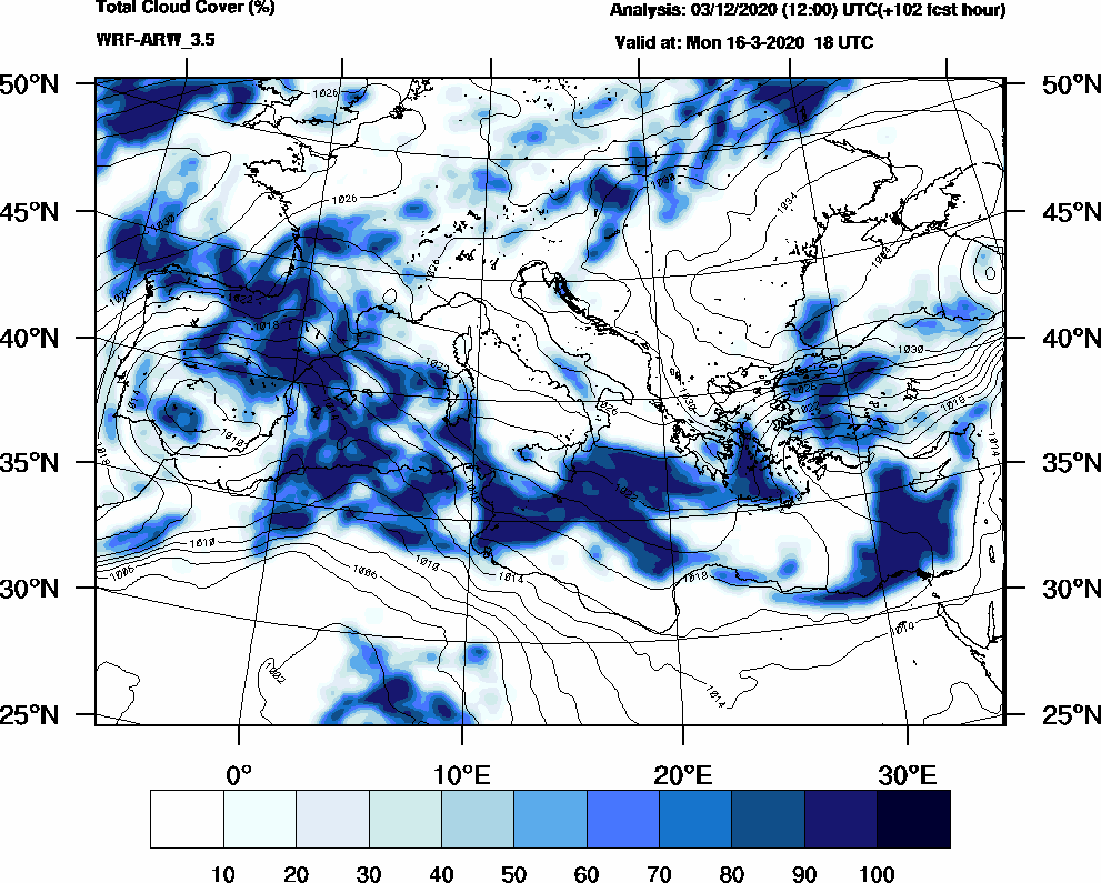 Total cloud cover (%) - 2020-03-16 12:00