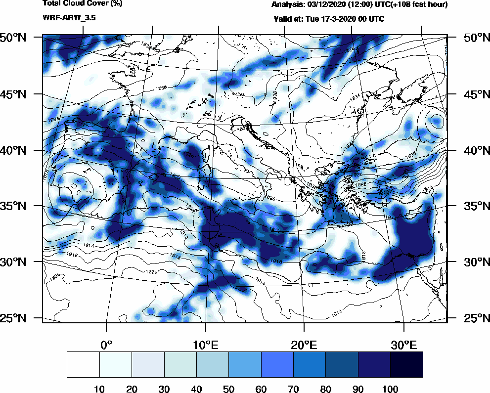 Total cloud cover (%) - 2020-03-16 18:00