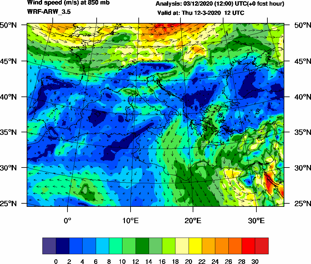 Wind speed (m/s) at 850 mb - 2020-03-12 12:00