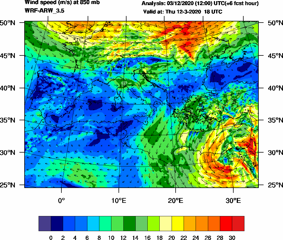 Wind speed (m/s) at 850 mb - 2020-03-12 18:00