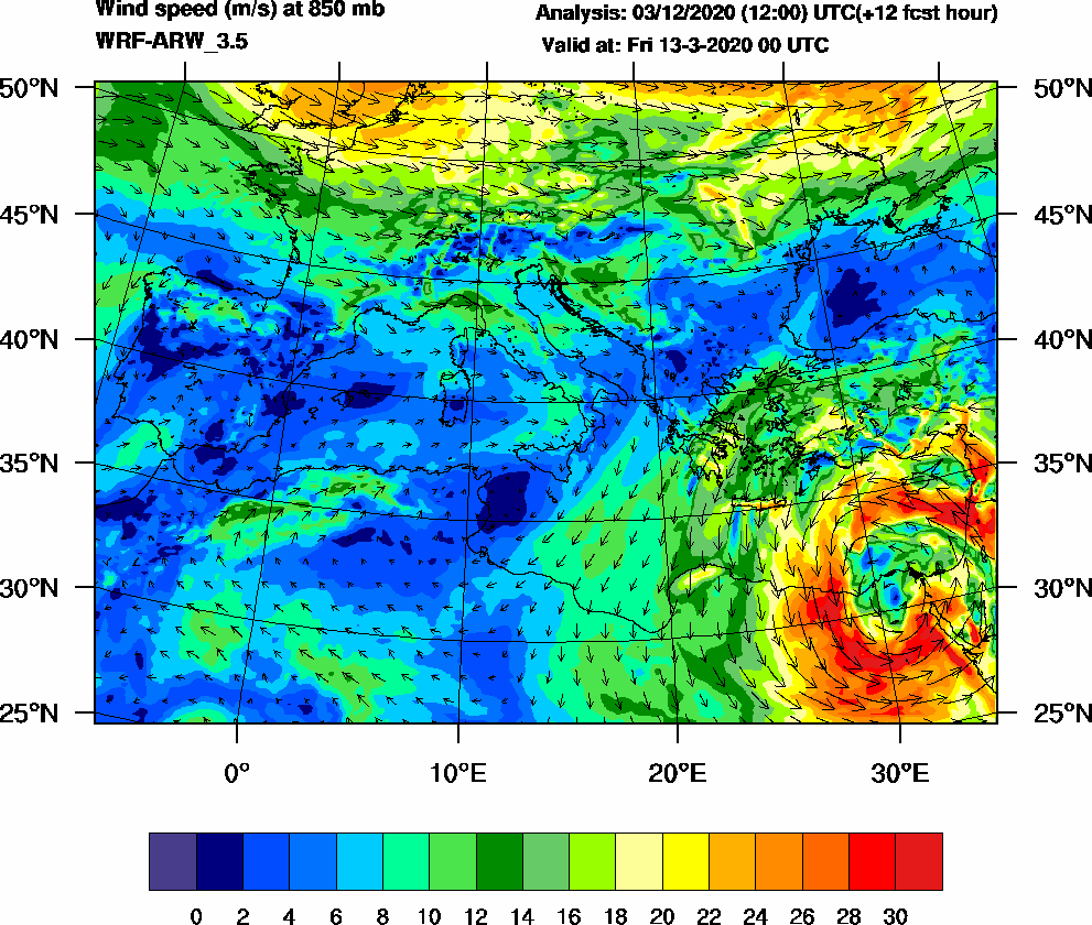 Wind speed (m/s) at 850 mb - 2020-03-13 00:00