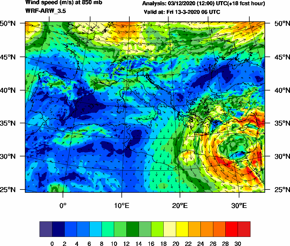 Wind speed (m/s) at 850 mb - 2020-03-13 06:00