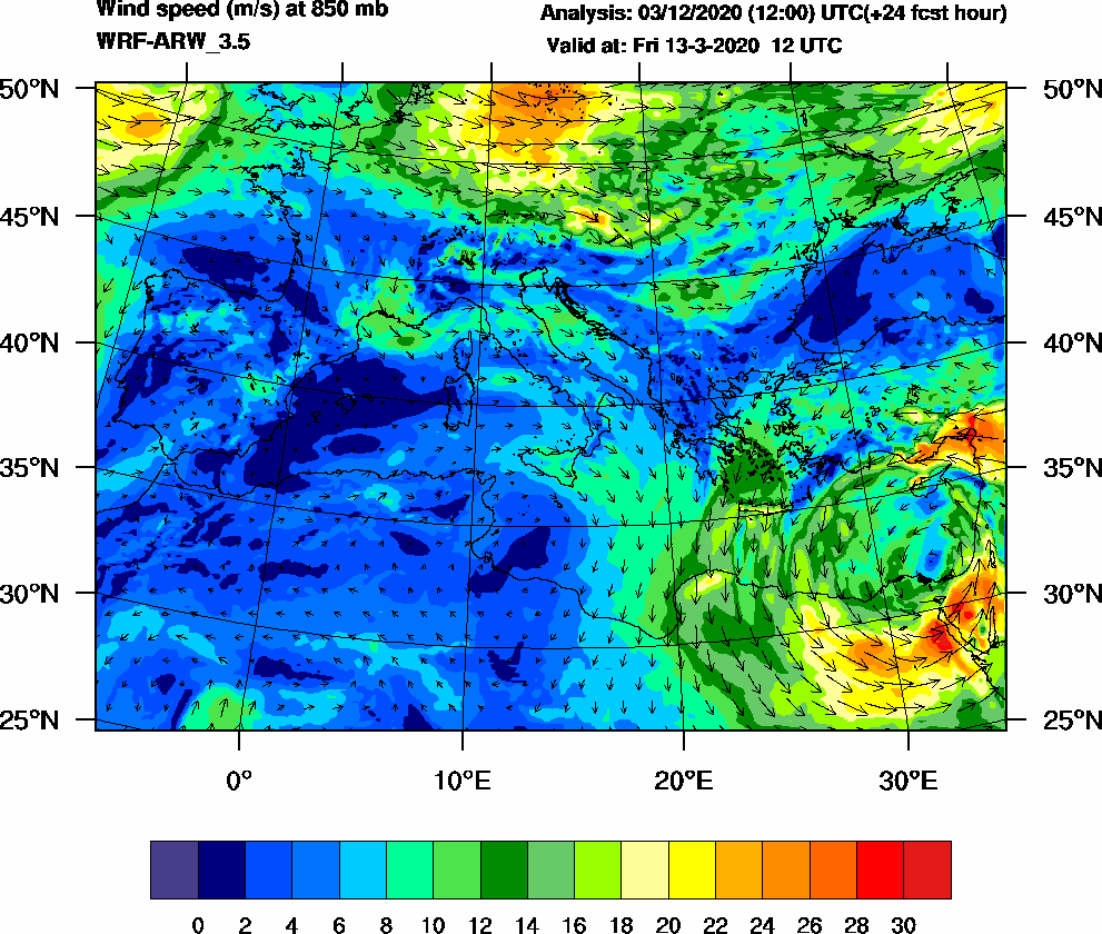 Wind speed (m/s) at 850 mb - 2020-03-13 12:00