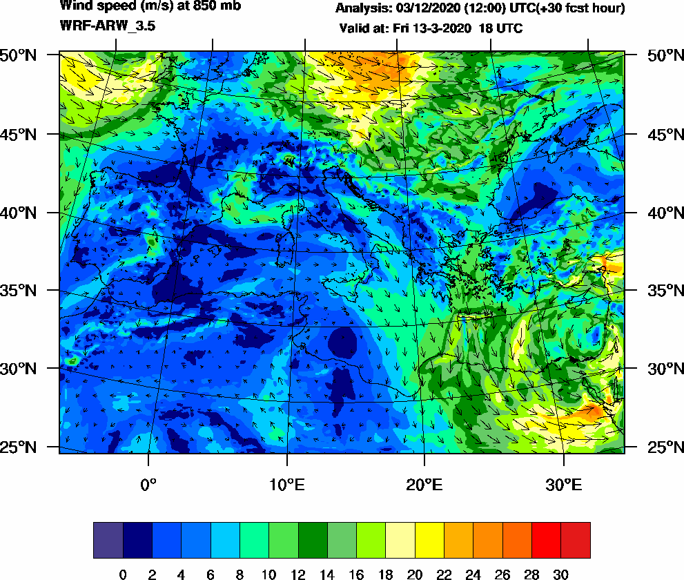 Wind speed (m/s) at 850 mb - 2020-03-13 18:00