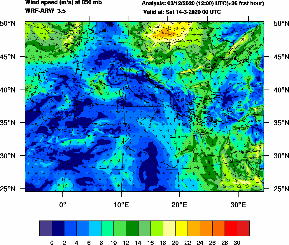 Wind speed (m/s) at 850 mb - 2020-03-14 00:00
