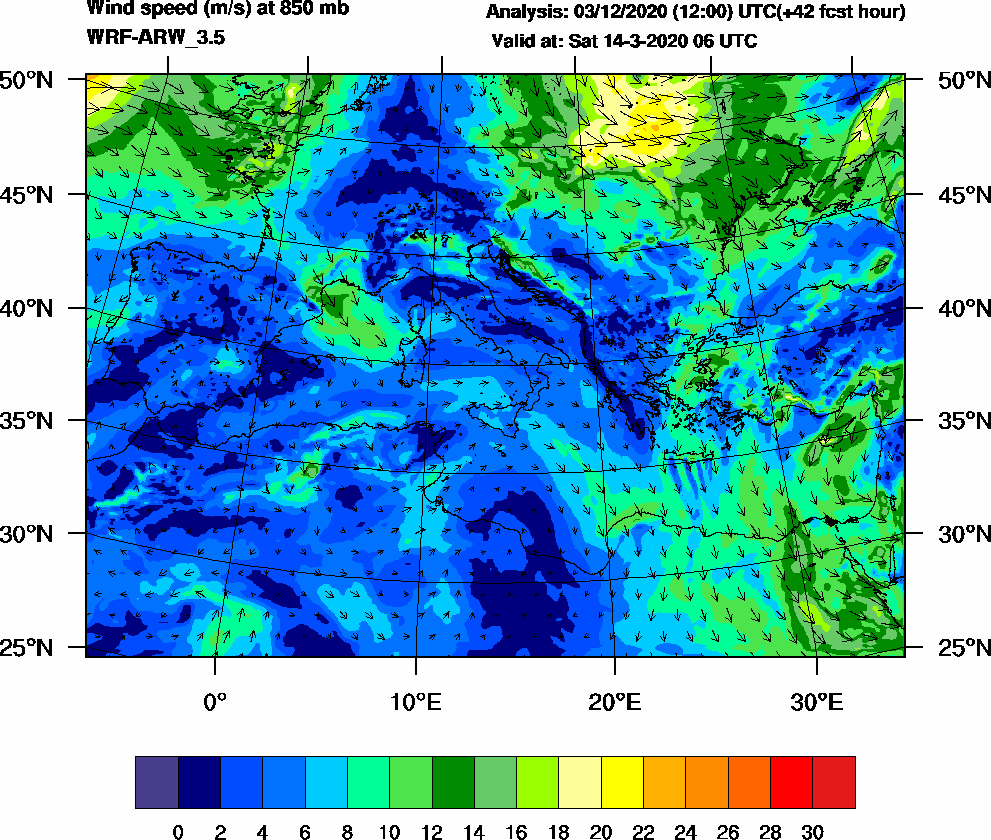 Wind speed (m/s) at 850 mb - 2020-03-14 06:00