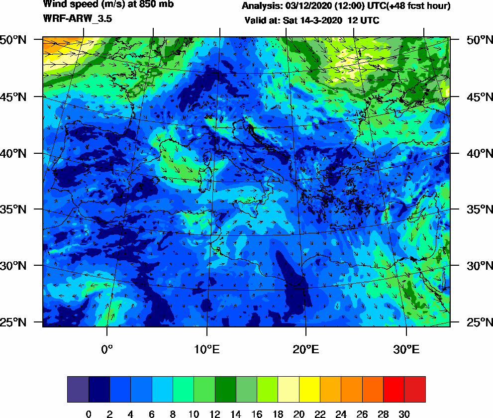 Wind speed (m/s) at 850 mb - 2020-03-14 12:00