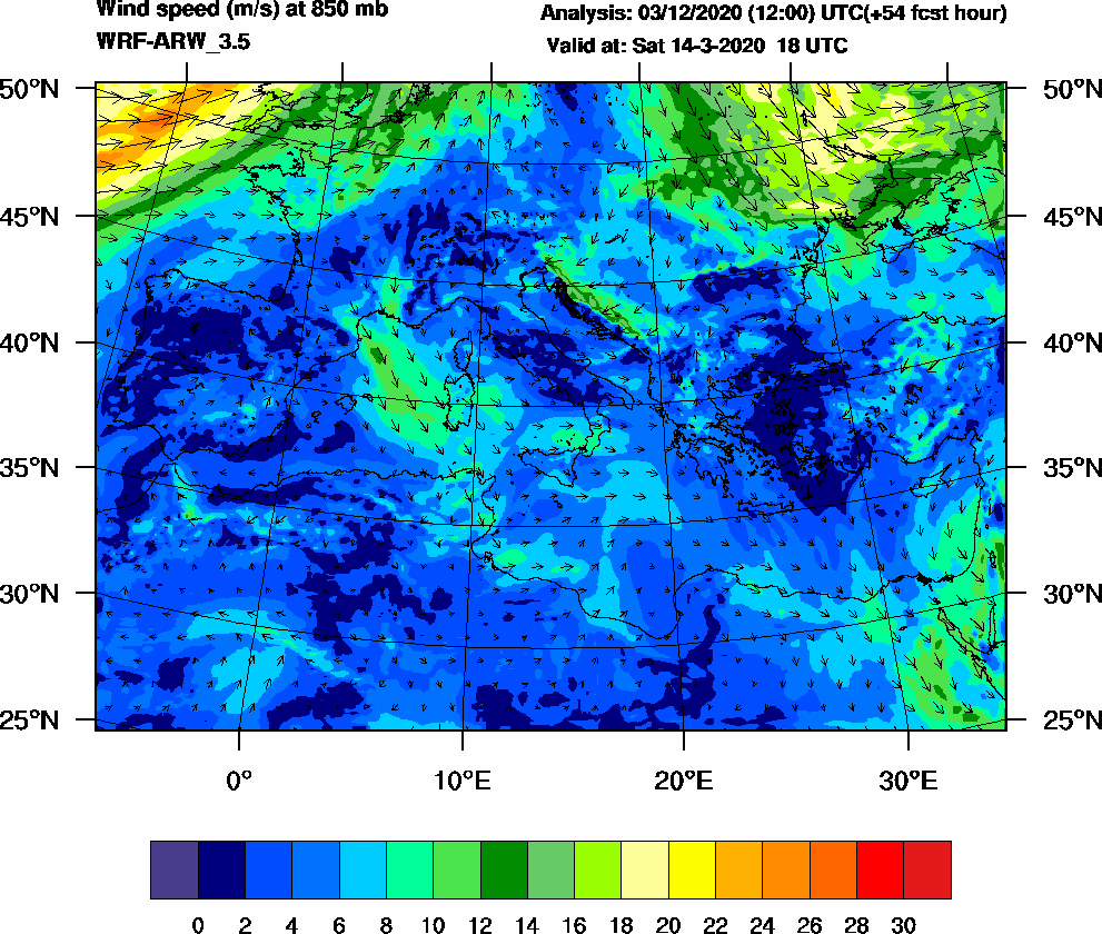 Wind speed (m/s) at 850 mb - 2020-03-14 18:00