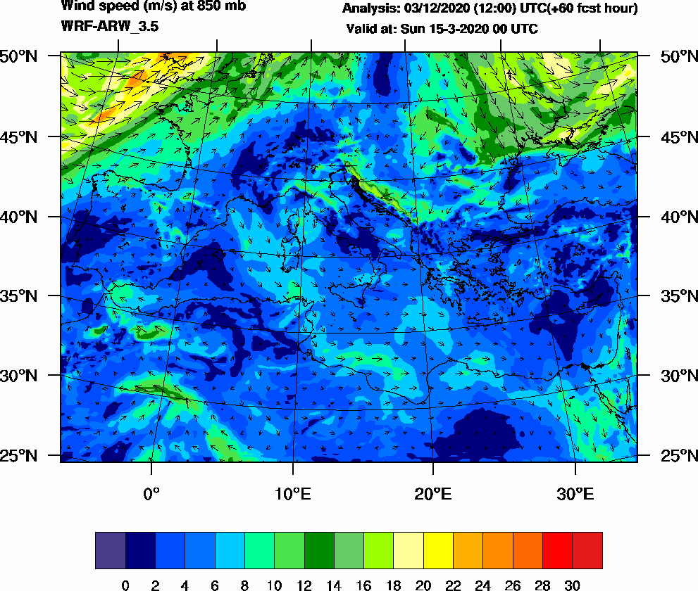 Wind speed (m/s) at 850 mb - 2020-03-15 00:00