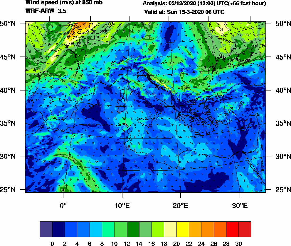 Wind speed (m/s) at 850 mb - 2020-03-15 06:00