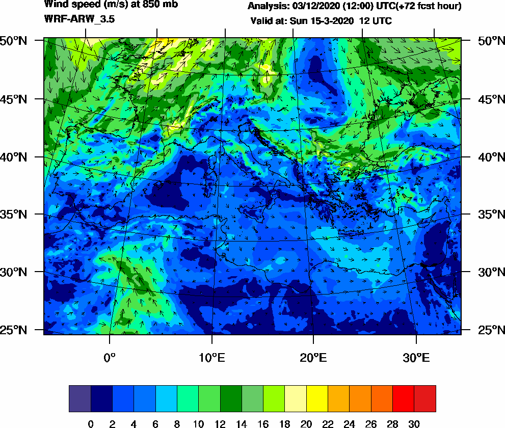 Wind speed (m/s) at 850 mb - 2020-03-15 12:00