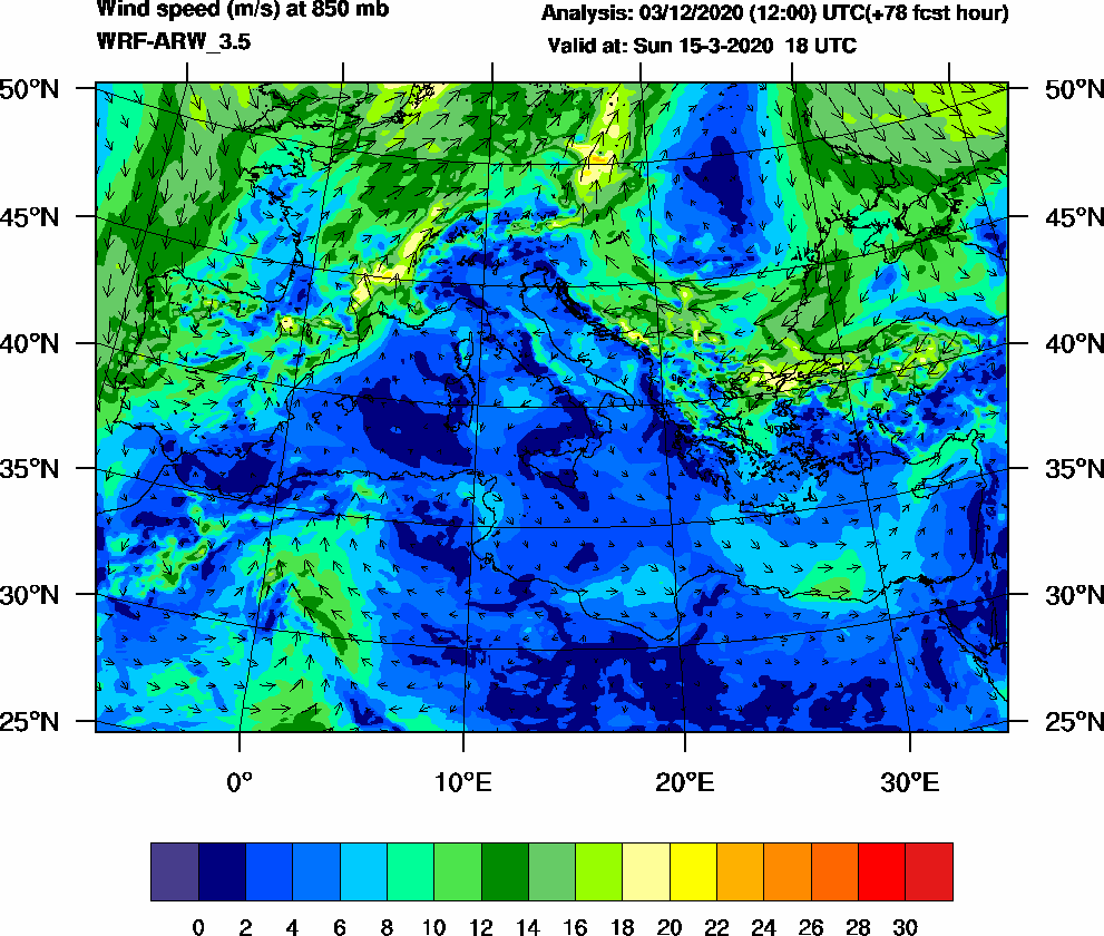 Wind speed (m/s) at 850 mb - 2020-03-15 18:00