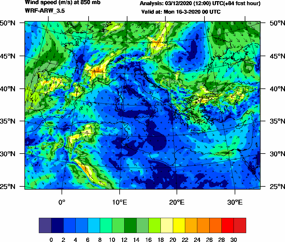 Wind speed (m/s) at 850 mb - 2020-03-16 00:00