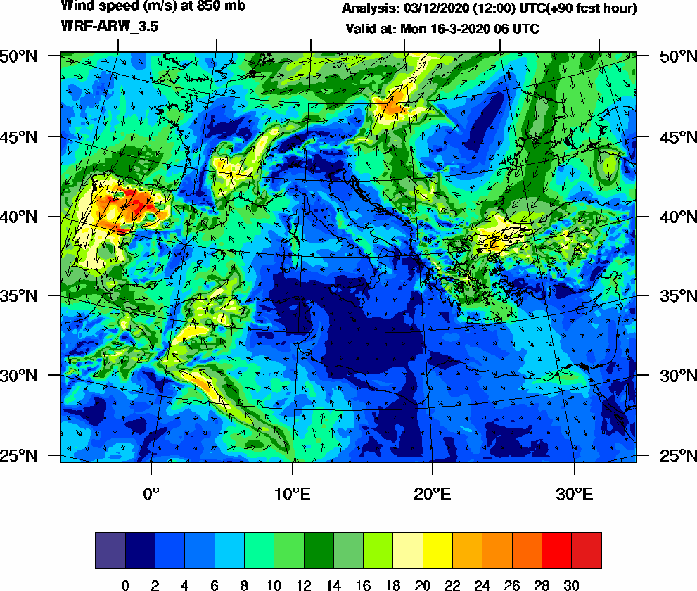 Wind speed (m/s) at 850 mb - 2020-03-16 06:00