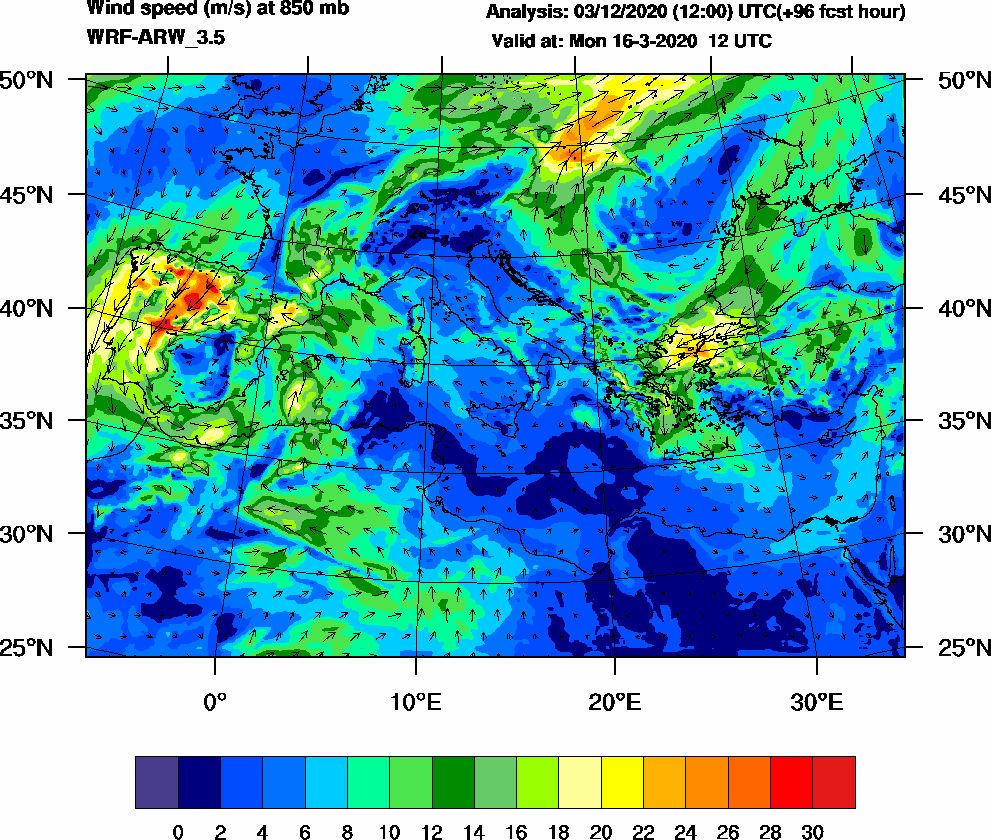 Wind speed (m/s) at 850 mb - 2020-03-16 12:00