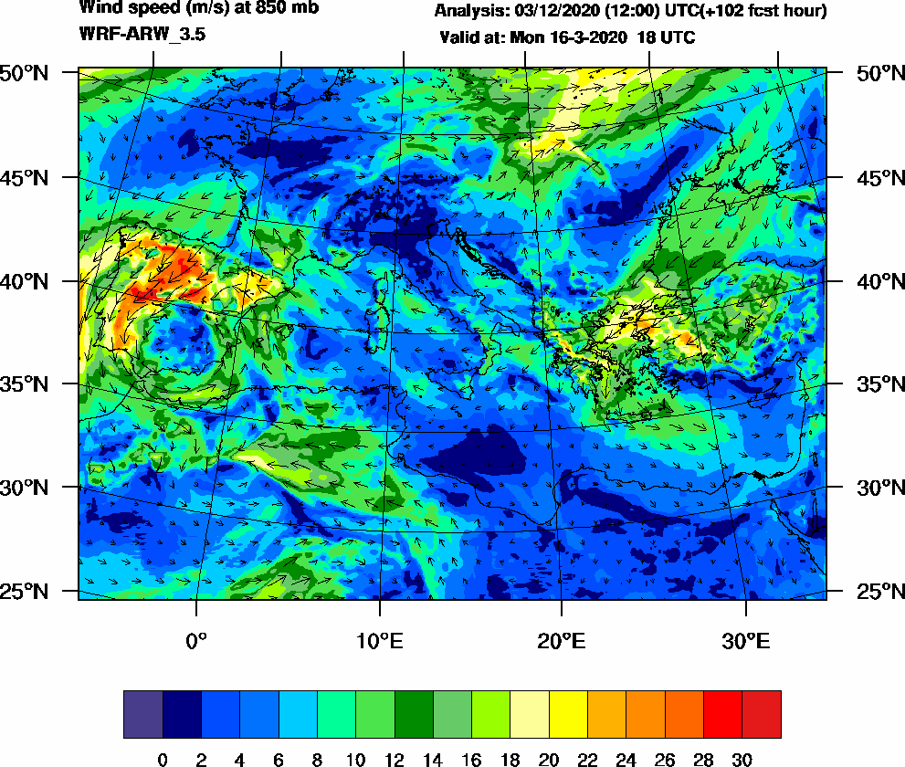 Wind speed (m/s) at 850 mb - 2020-03-16 18:00