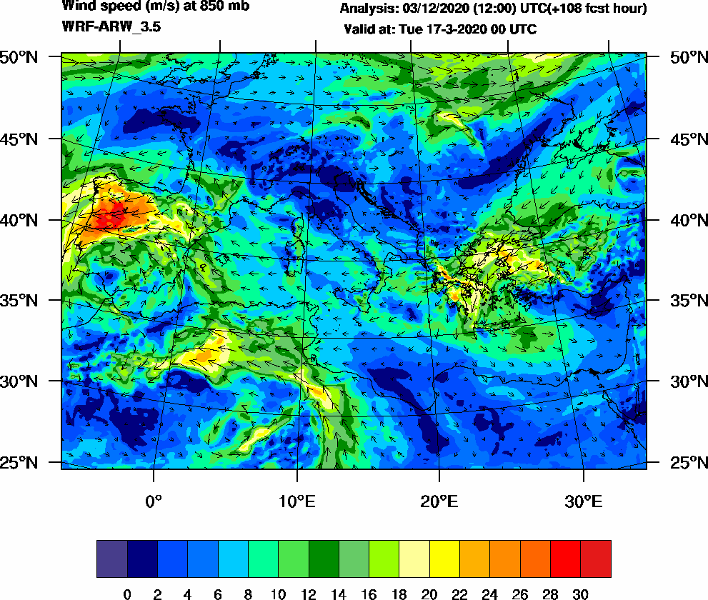 Wind speed (m/s) at 850 mb - 2020-03-17 00:00