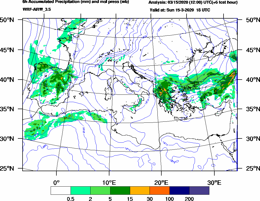 6h Accumulated Precipitation (mm) and msl press (mb) - 2020-03-15 12:00