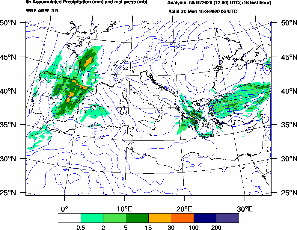 6h Accumulated Precipitation (mm) and msl press (mb) - 2020-03-16 00:00