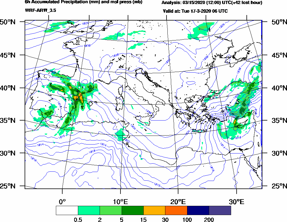 6h Accumulated Precipitation (mm) and msl press (mb) - 2020-03-17 00:00