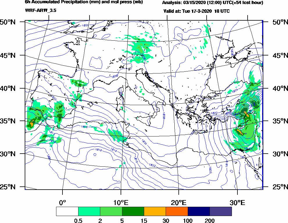 6h Accumulated Precipitation (mm) and msl press (mb) - 2020-03-17 12:00