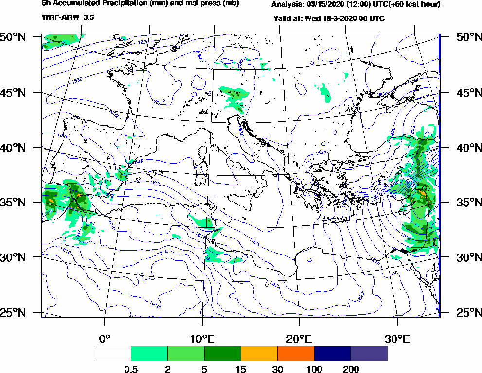 6h Accumulated Precipitation (mm) and msl press (mb) - 2020-03-17 18:00