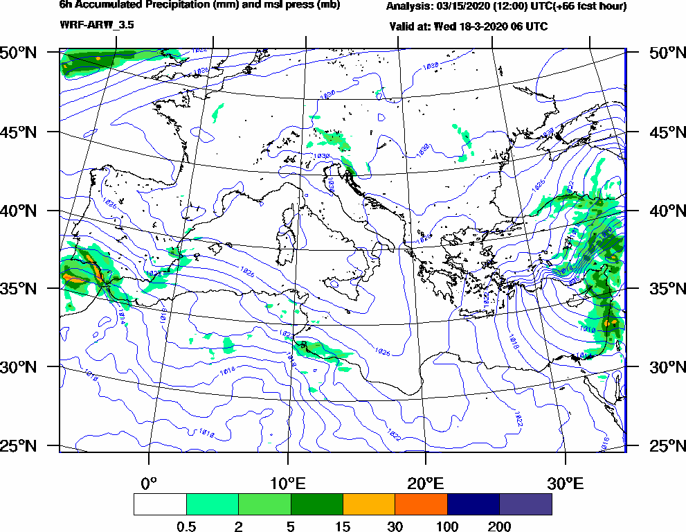 6h Accumulated Precipitation (mm) and msl press (mb) - 2020-03-18 00:00