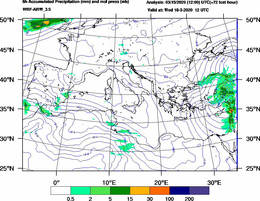 6h Accumulated Precipitation (mm) and msl press (mb) - 2020-03-18 06:00