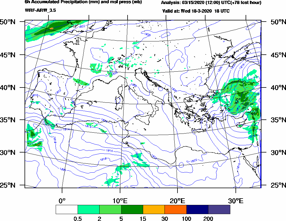 6h Accumulated Precipitation (mm) and msl press (mb) - 2020-03-18 12:00