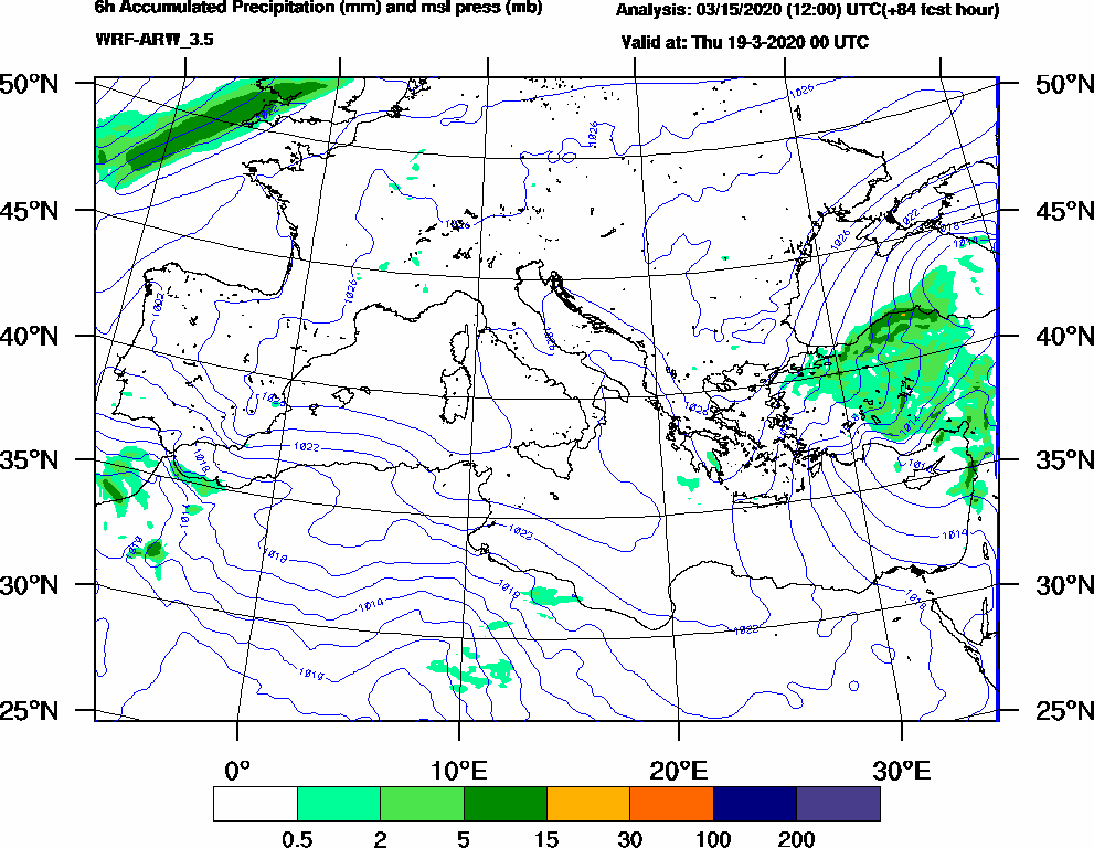 6h Accumulated Precipitation (mm) and msl press (mb) - 2020-03-18 18:00