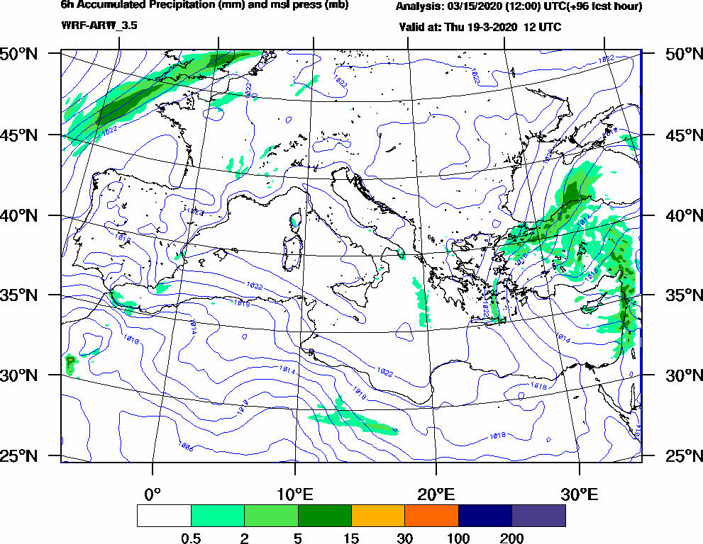 6h Accumulated Precipitation (mm) and msl press (mb) - 2020-03-19 06:00