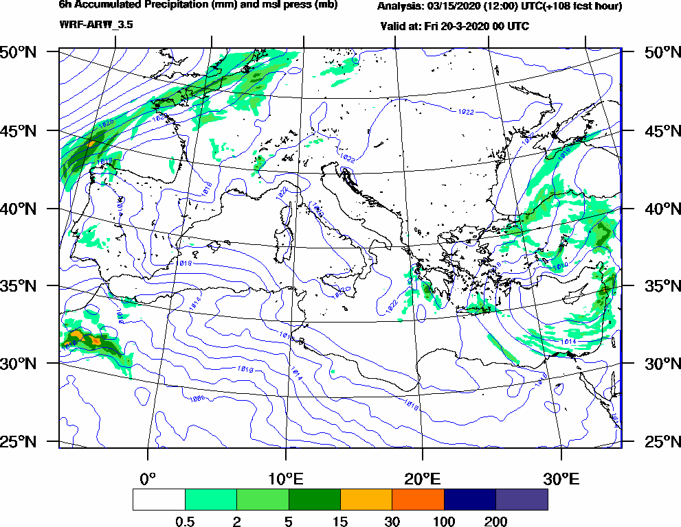 6h Accumulated Precipitation (mm) and msl press (mb) - 2020-03-19 18:00