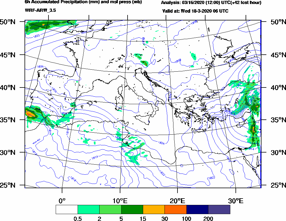 6h Accumulated Precipitation (mm) and msl press (mb) - 2020-03-18 00:00