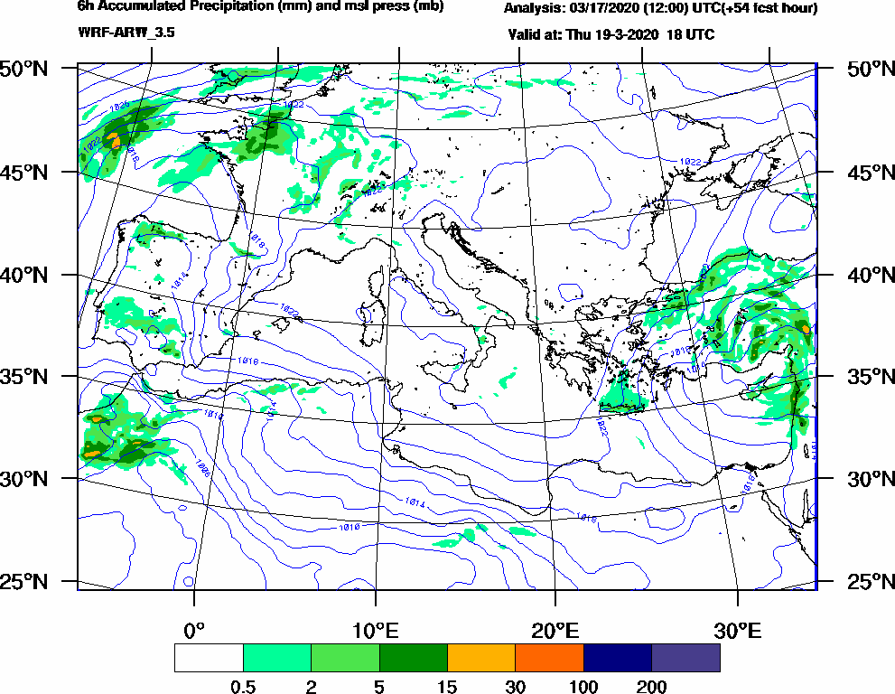 6h Accumulated Precipitation (mm) and msl press (mb) - 2020-03-19 12:00