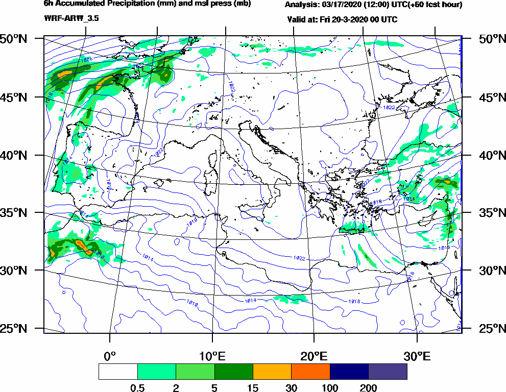 6h Accumulated Precipitation (mm) and msl press (mb) - 2020-03-19 18:00