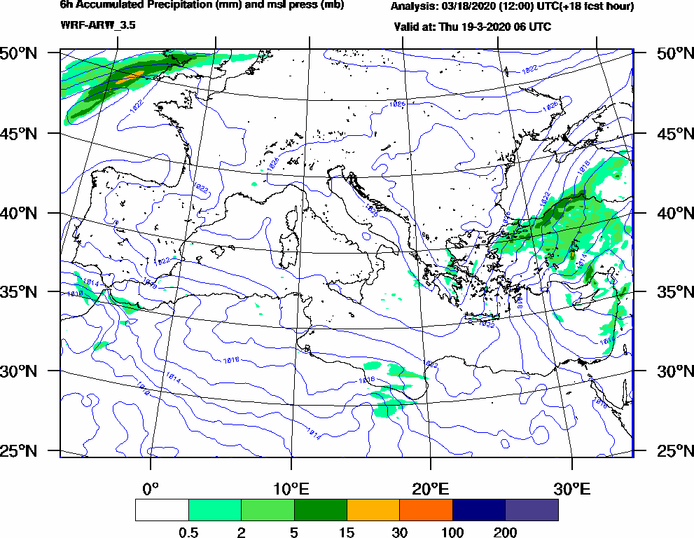 6h Accumulated Precipitation (mm) and msl press (mb) - 2020-03-19 00:00