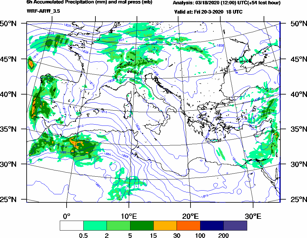 6h Accumulated Precipitation (mm) and msl press (mb) - 2020-03-20 12:00