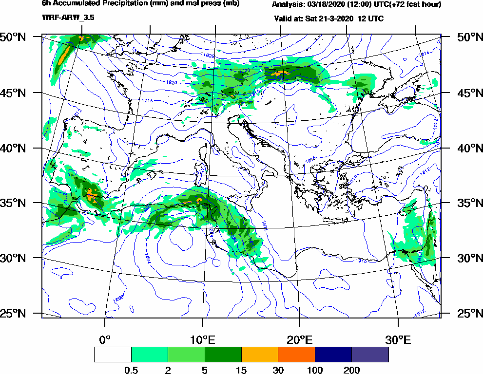 6h Accumulated Precipitation (mm) and msl press (mb) - 2020-03-21 06:00