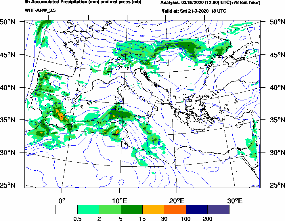 6h Accumulated Precipitation (mm) and msl press (mb) - 2020-03-21 12:00