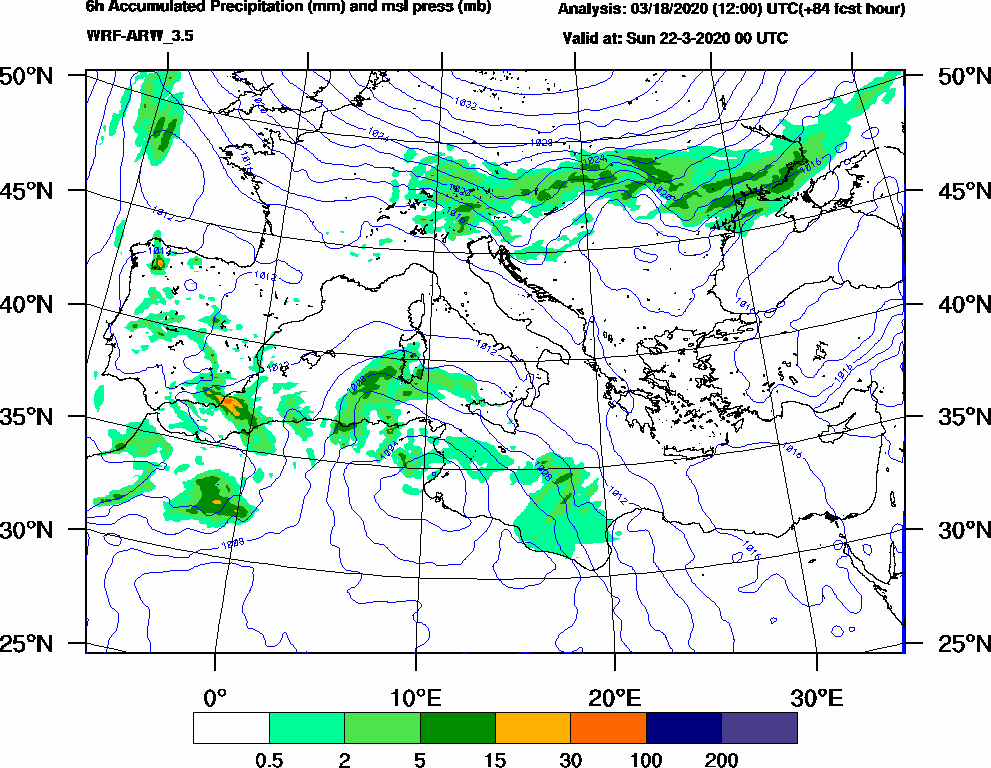 6h Accumulated Precipitation (mm) and msl press (mb) - 2020-03-21 18:00