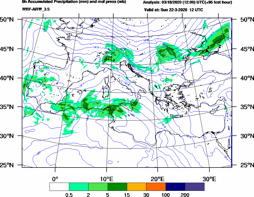 6h Accumulated Precipitation (mm) and msl press (mb) - 2020-03-22 06:00