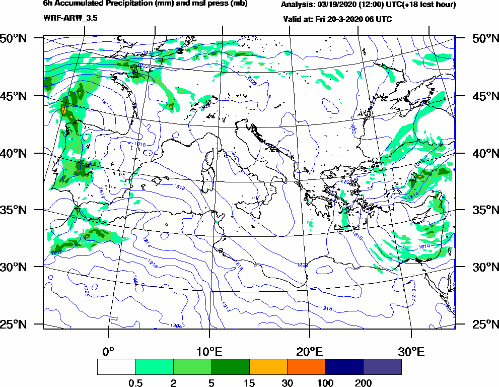 6h Accumulated Precipitation (mm) and msl press (mb) - 2020-03-20 00:00