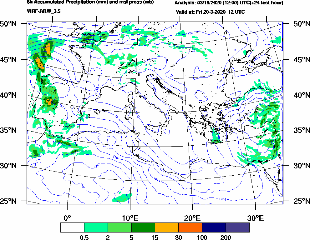 6h Accumulated Precipitation (mm) and msl press (mb) - 2020-03-20 06:00