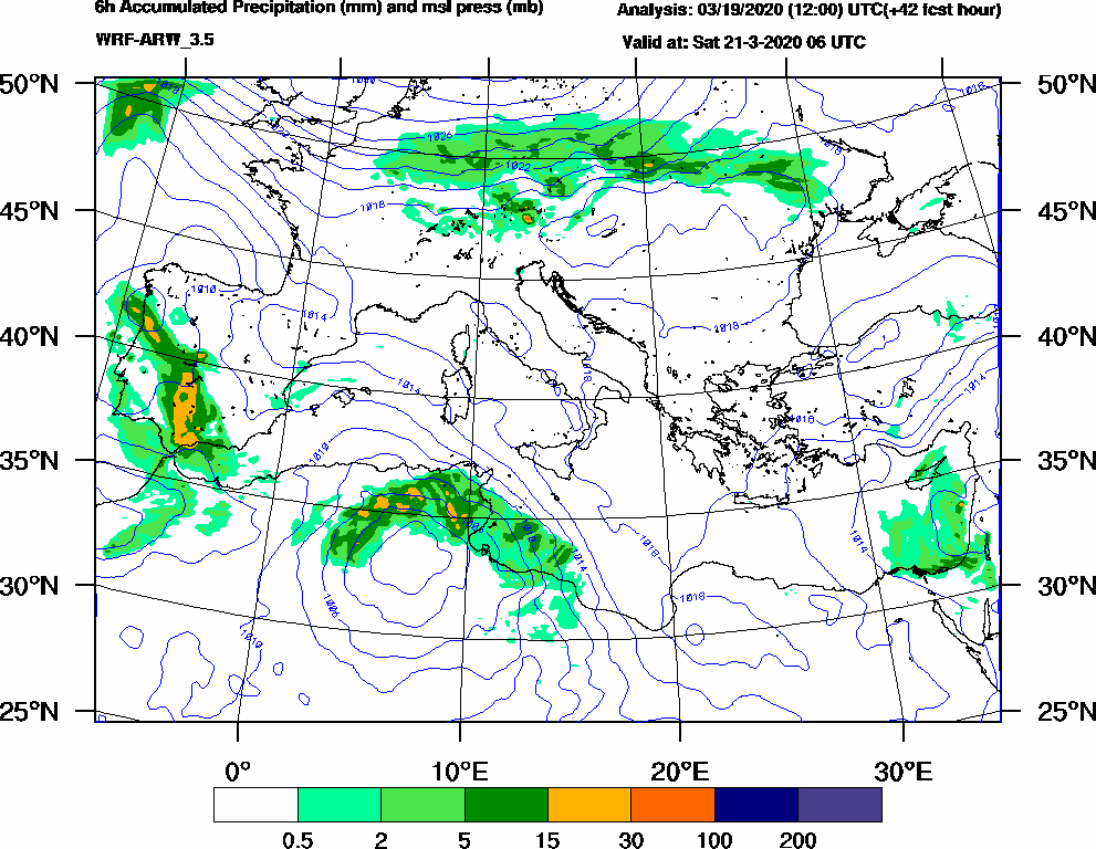 6h Accumulated Precipitation (mm) and msl press (mb) - 2020-03-21 00:00