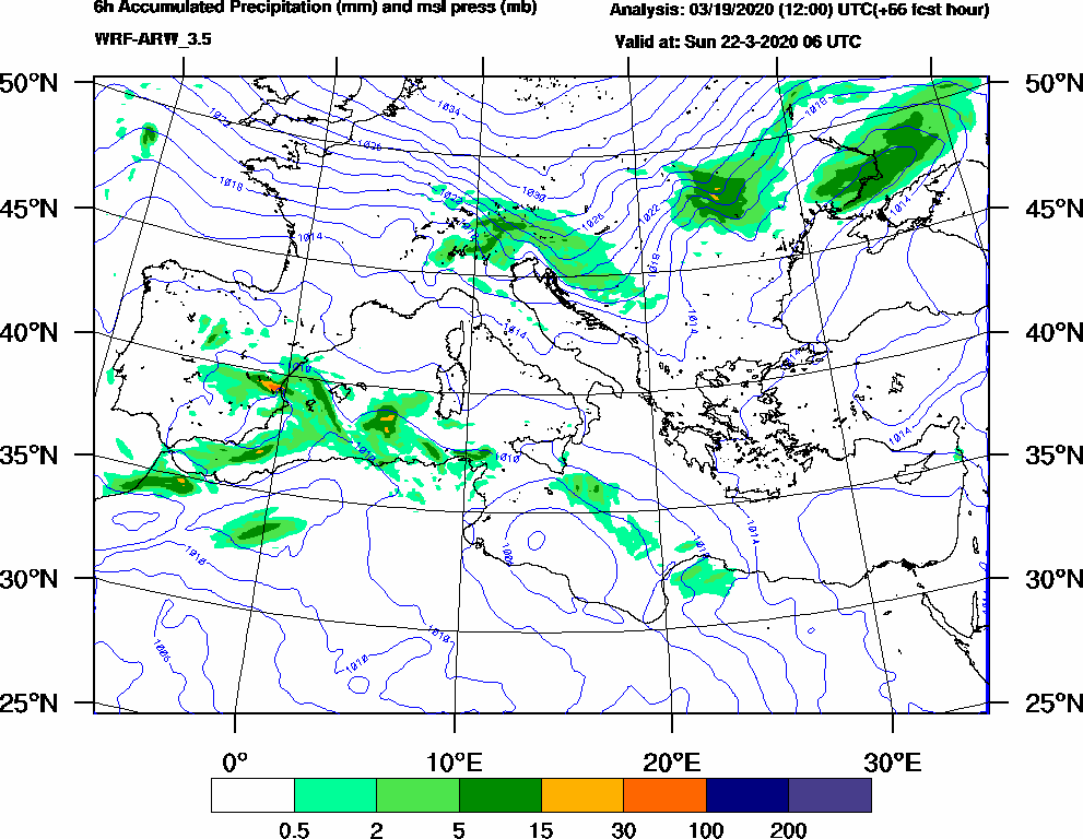 6h Accumulated Precipitation (mm) and msl press (mb) - 2020-03-22 00:00