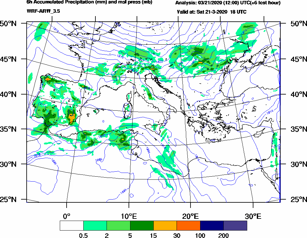 6h Accumulated Precipitation (mm) and msl press (mb) - 2020-03-21 12:00