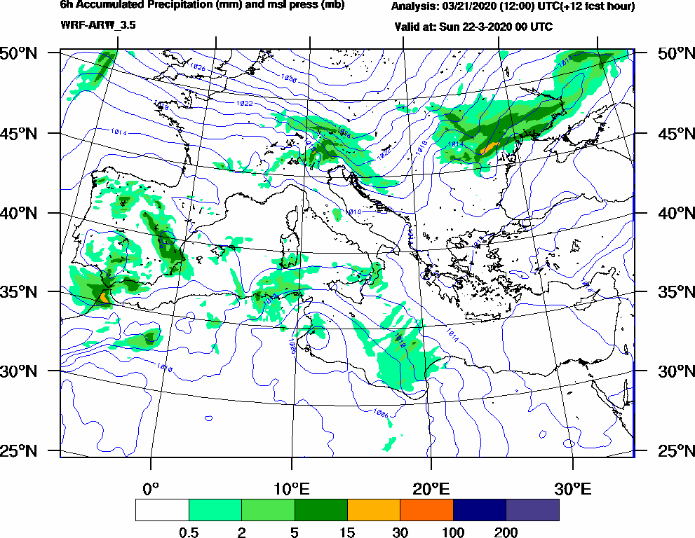 6h Accumulated Precipitation (mm) and msl press (mb) - 2020-03-21 18:00