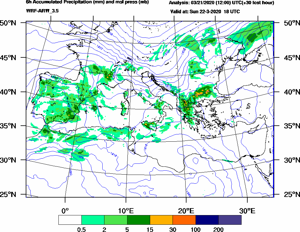 6h Accumulated Precipitation (mm) and msl press (mb) - 2020-03-22 12:00