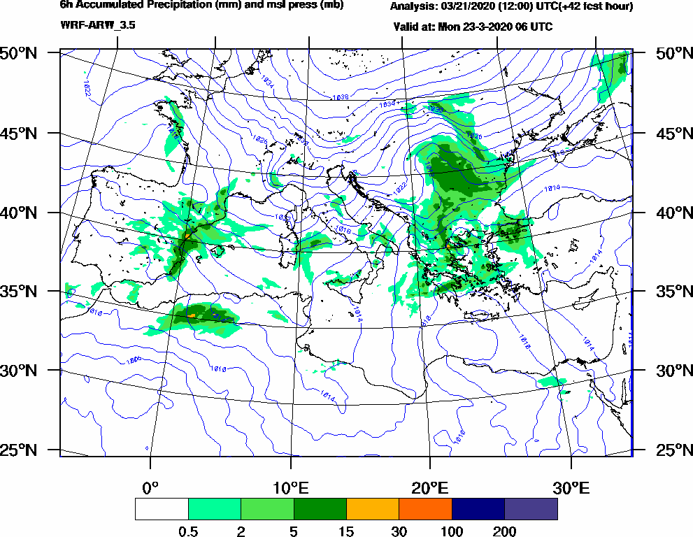 6h Accumulated Precipitation (mm) and msl press (mb) - 2020-03-23 00:00