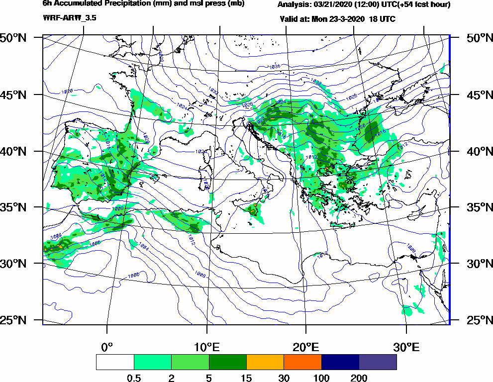 6h Accumulated Precipitation (mm) and msl press (mb) - 2020-03-23 12:00